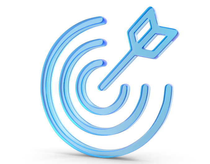 A blue, stylised target with concentric rings and an arrow hitting the centre, depicted in a minimalist, three-dimensional design on a white background.