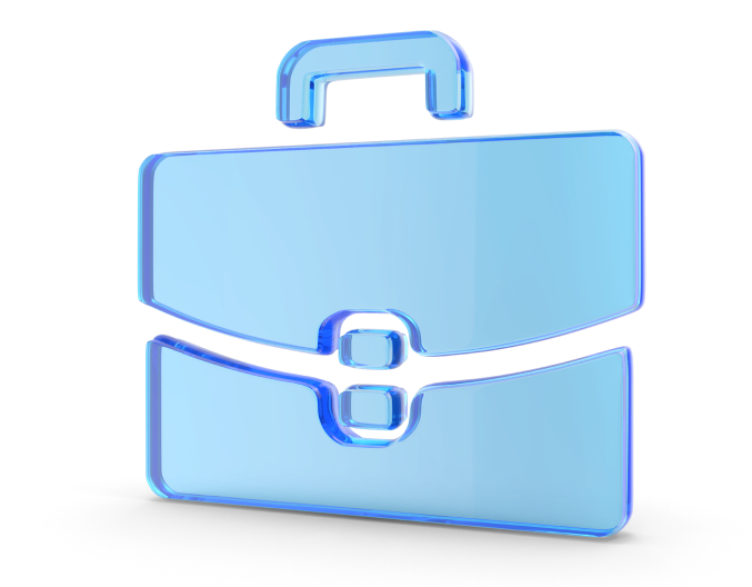A 3D-rendered icon of a light blue, transparent briefcase with rounded edges and a handle, set against a plain white background.