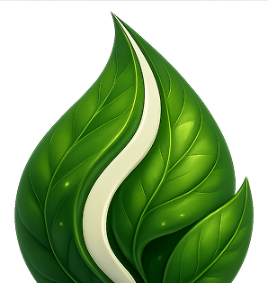 A stylised green leaf with a smooth, curved white line running through its centre, featuring detailed veins and a glossy texture against a light background.