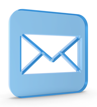 A 3D blue icon of an envelope, symbolising email or messaging, with a transparent centre and rounded corners, set against a plain white background.