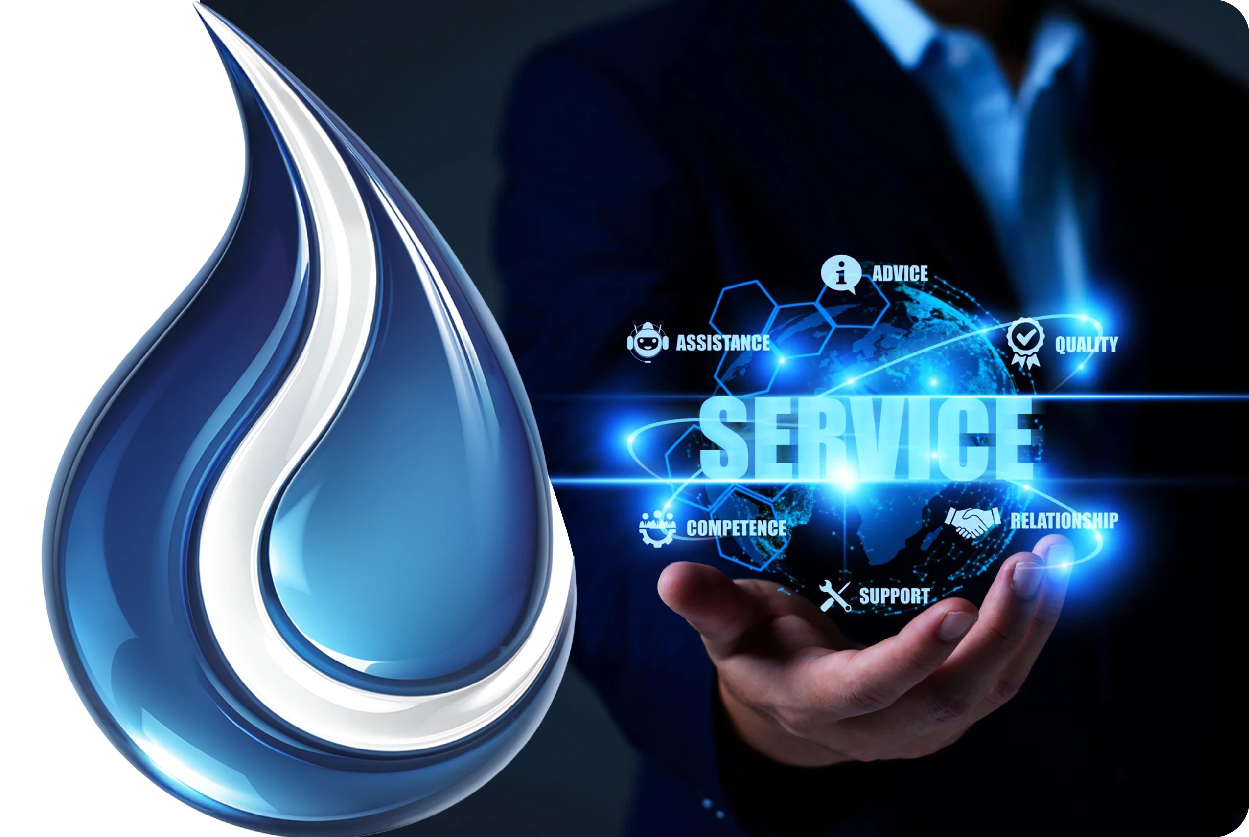 A digital composition showing a large glossy blue droplet icon on the left and a person holding a glowing holographic interface with the word “SERVICE” surrounded by related icons.