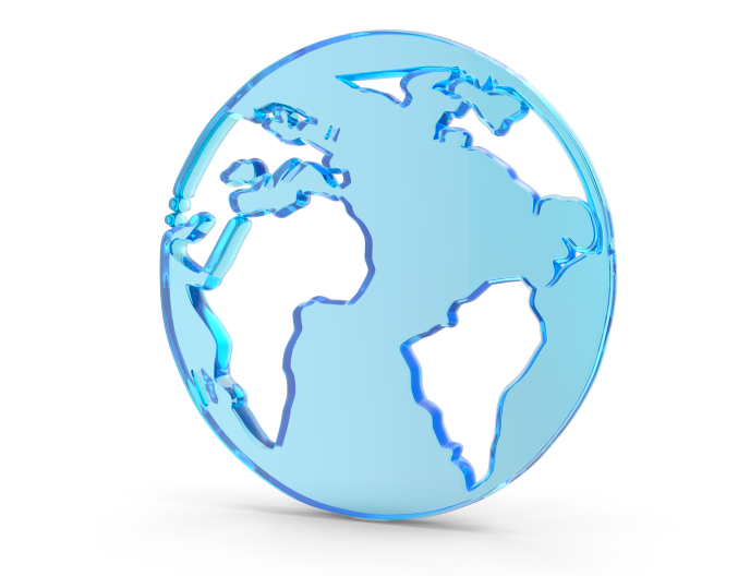 A translucent blue 3D globe showing simplified outlines of North and South America, with a smooth, minimalist design on a white background.