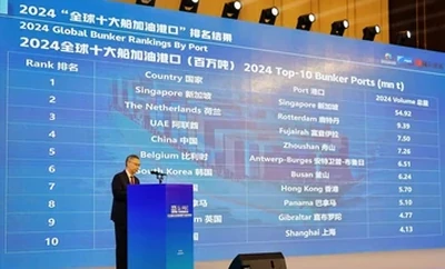 A conference speaker standing at a podium on a stage with a large blue screen behind displaying rankings for the 2024 Global Bunker Market Ports.