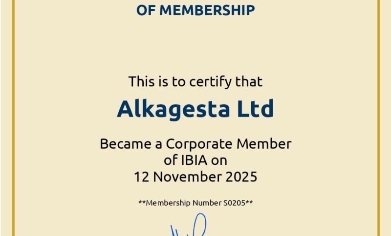 A certificate displayed on a beige background showing an IBIA Certificate of Membership awarded to Alkagesta Ltd with printed text, signature, and a red seal.