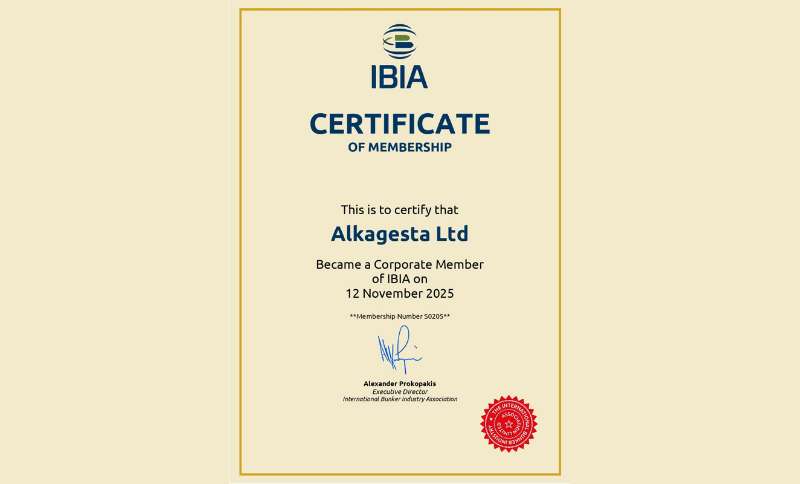 A certificate displayed on a beige background showing an IBIA Certificate of Membership awarded to Alkagesta Ltd with printed text, signature, and a red seal.