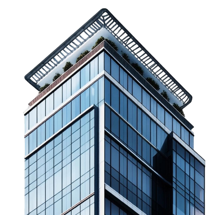 A modern high‑rise office building with reflective glass windows, shown against a transparent background.