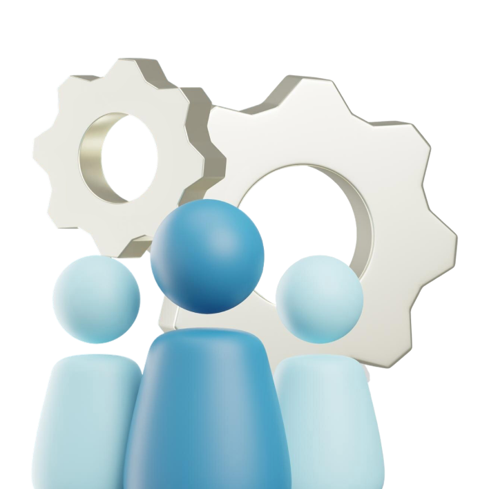 Three stylised blue and light blue human figures stand in front of two large, silver gears, symbolising teamwork, collaboration, or workforce management.