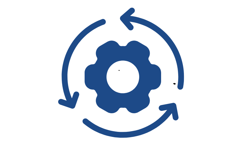 A blue gear icon inside a blue circular arrow, symbolising process, workflow, or system automation.