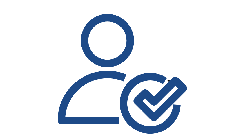 Blue icon of a person with a large tick inside a circle overlapping the lower right side, indicating user verification or approval.