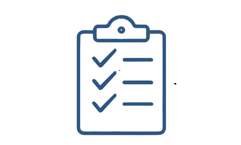 Blue outline icon of a clipboard with three tick marks on the left and three lines on the right, representing a completed checklist, on a white background.