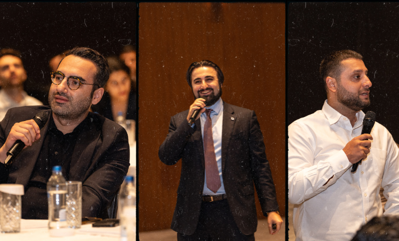 Three individuals speaking into microphones during an indoor conference event, shown in a three‑panel layout with attendees visible in the background.