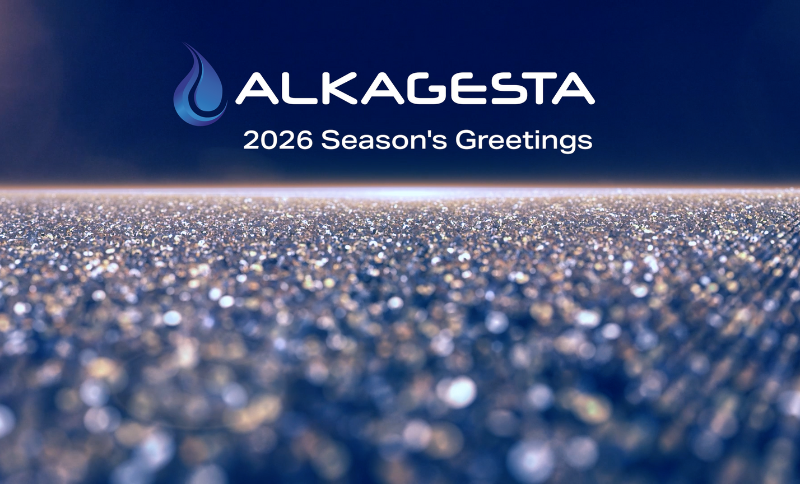 Alkagesta 2026 Season’s Greetings graphic featuring a blue background with a sparkling textured foreground.