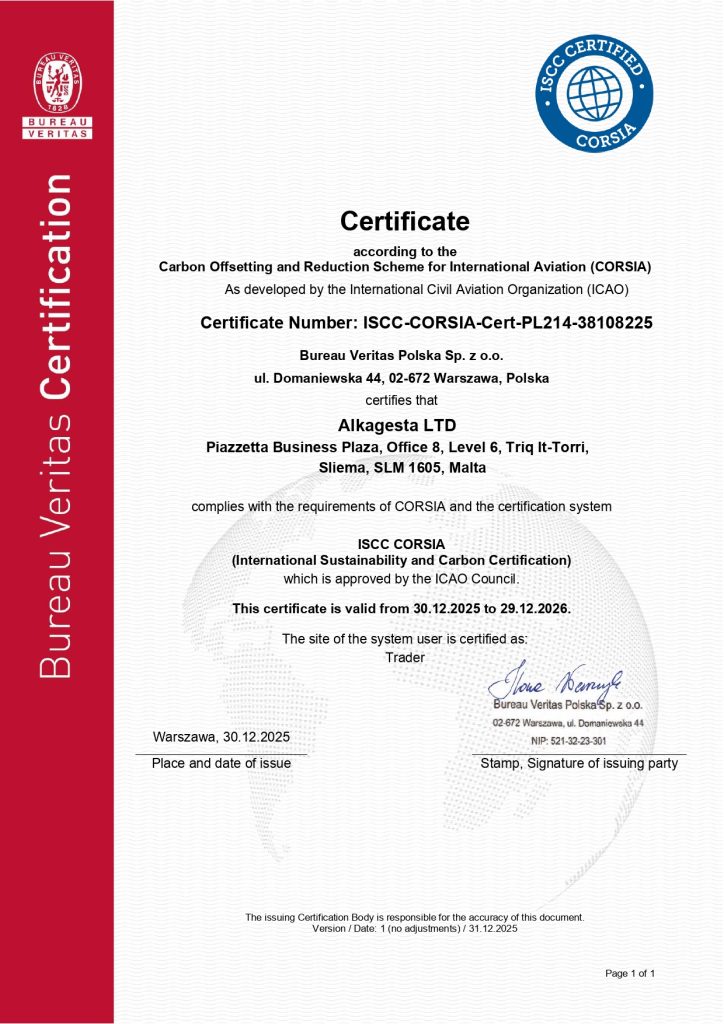 ISCC CORSIA Plus sustainability certificate issued by Bureau Veritas featuring official text, signatures, seals, and verification details.