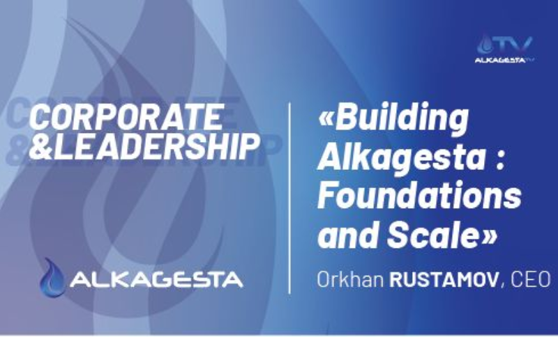 Corporate presentation graphic with the title Corporate and Leadership and Building Alkagesta Foundations and Scale displayed on a blue background with Alkagesta branding.