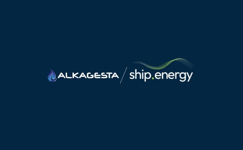 Alkagesta and ship.energy logos displayed on a dark blue background for a corporate partnership graphic.