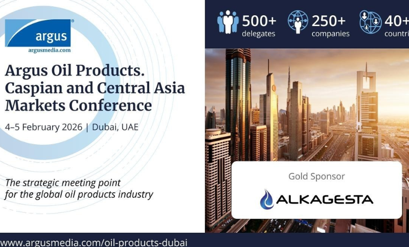 Argus Oil Products Caspian and Central Asia Markets Conference promotional graphic showing event details, sponsor logos, and Alkagesta as a gold sponsor.