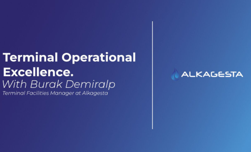 Terminal Operational Excellence presentation graphic showing a blue background with the Alkagesta logo and the name Burak Demiralp.