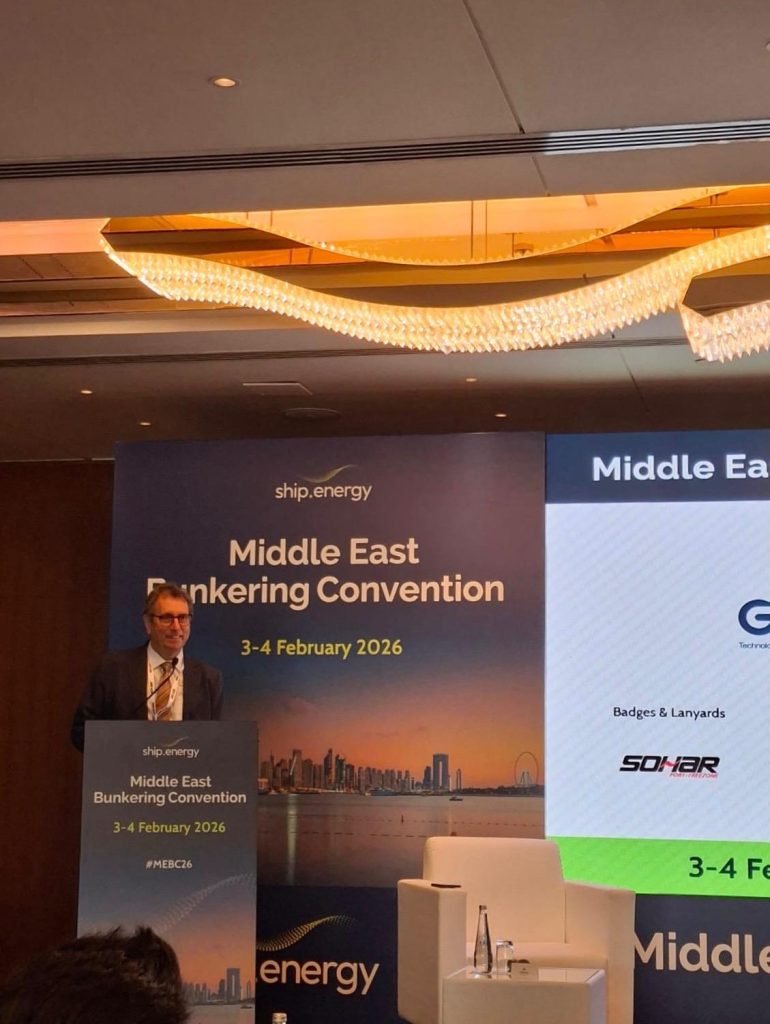 Alkagesta representative speaking at Middle East Bunkering Convention 2026 hosted by ship.energy on 3-4 February 2026