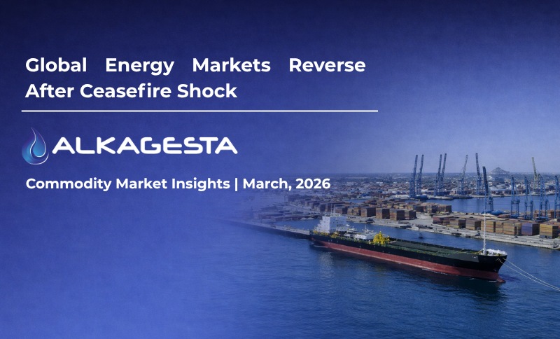 A tanker ship near a port with cranes and containers, shown under a blue overlay with the text “Global Energy Markets Reverse After Ceasefire Shock” and the Alkagesta logo.