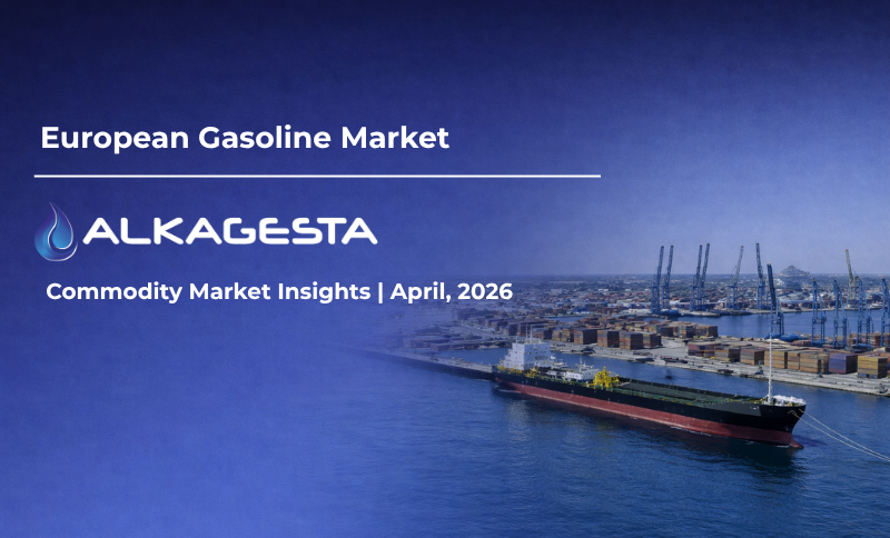 A presentation slide titled “European Gasoline Market” featuring Alkagesta branding and an image of a fuel tanker sailing near a port with container cranes in the background.