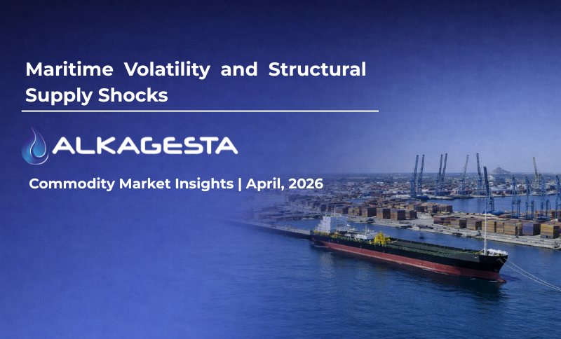 A presentation slide titled “Maritime Volatility and Structural Supply Shocks” with Alkagesta branding, showing a tanker vessel sailing in a port area with container terminals and cargo cranes in the background.