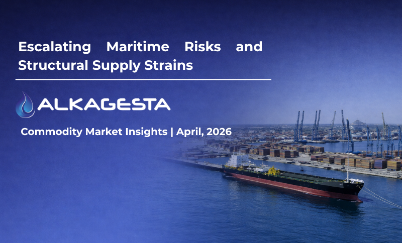 A tanker ship approaching a port with cranes and containers, shown under a blue overlay with the text “Escalating Maritime Risks and Structural Supply Strains” and the Alkagesta logo.