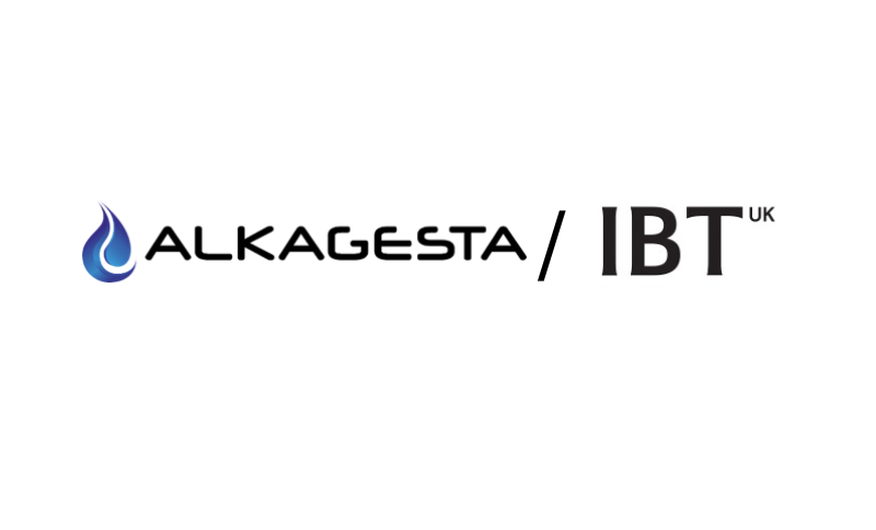 The Alkagesta logo displayed alongside the IB Times UK logo on a white background, indicating media coverage or a feature involving Alkagesta and IB Times UK.
