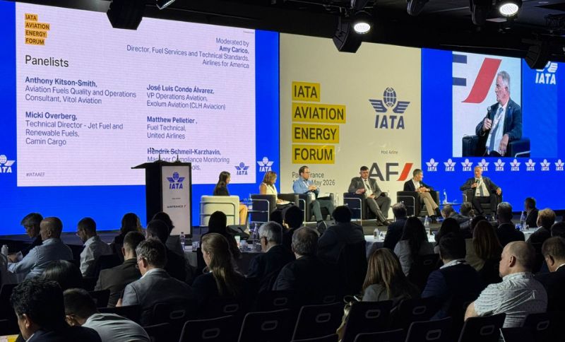 Panel discussion at IATA Aviation Energy Forum 2026 with speakers and audience in Paris