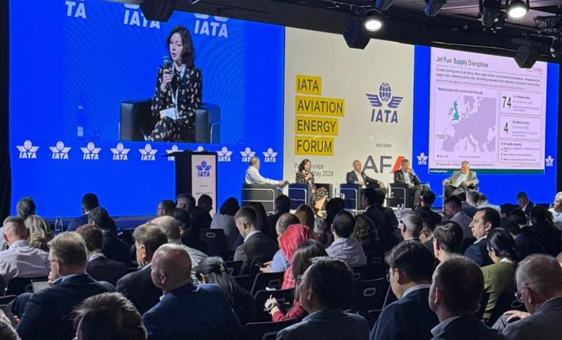Speaker presenting at IATA Aviation Energy Forum 2026 panel session with audience in attendance