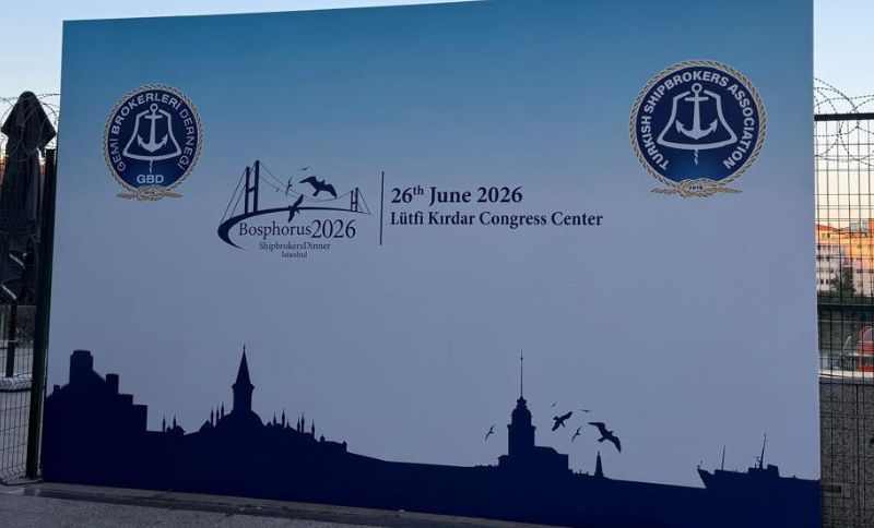 A promotional sign for the Bosphorus2026 event shows logos, the event date (26th June 2026), location (Lütfi Kırdar Congress Centre), and silhouettes of ships, Istanbul landmarks, and birds.