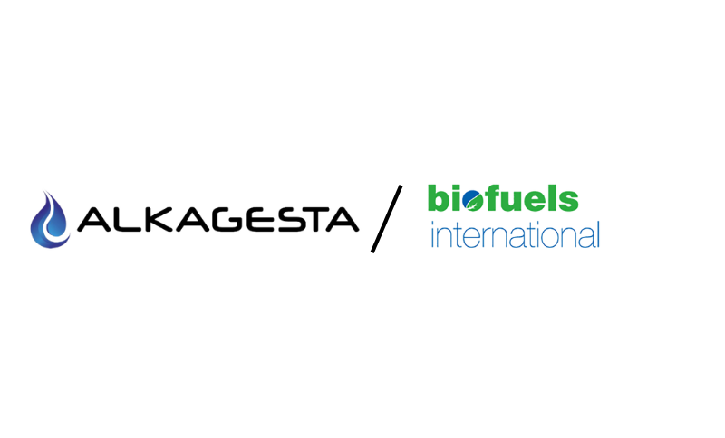 Logos of Alkagesta and Biofuels International side by side on a white background. Alkagesta's logo features a blue flame icon, whilst Biofuels International uses green and blue text.