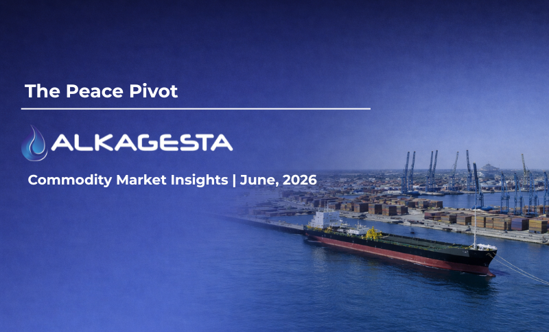 A large cargo ship is docked at a busy port with shipping containers and cranes. Text reads: The Peace Pivot. ALKAGESTA. Commodity Market Insights | June, 2026. A blue gradient overlays the image.