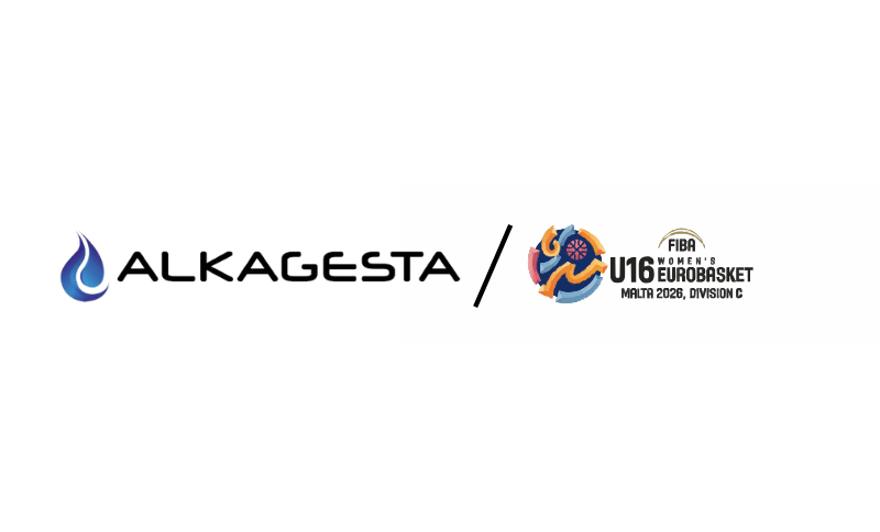 Alkagesta logo next to the FIBA U16 Women’s EuroBasket 2023 Division C Malta logo, separated by a diagonal line, on a white background.