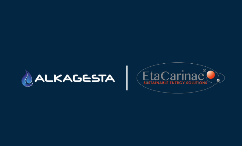 Logo for ALKAGESTA with a blue flame icon on the left, and logo for Eta Carinae Sustainable Energy Solutions on the right, separated by a vertical white line, all on a dark blue background.
