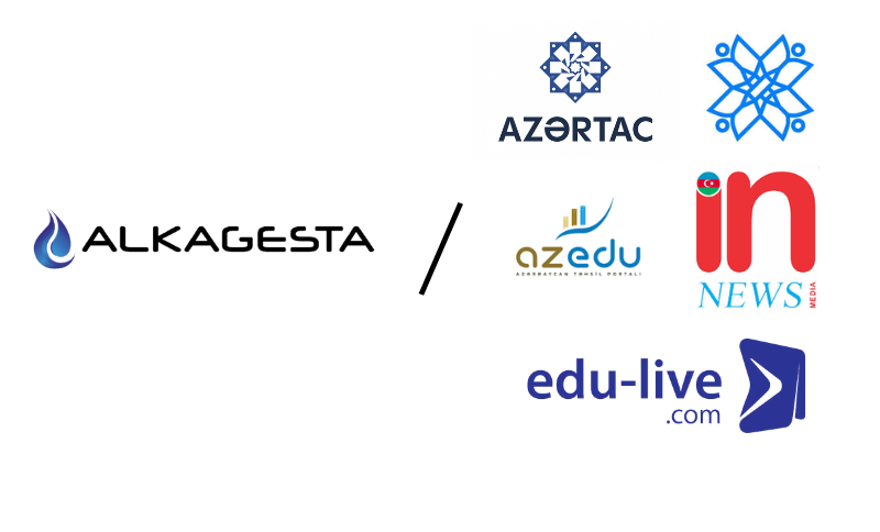 A graphic showing the ALKAGESTA logo on the left, separated by a slash from five media and educational platform logos: AZERTAC, azedu, in NEWS, edu-live.com, and another blue geometric logo.