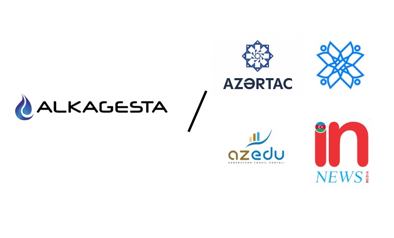Five logos are displayed: ALKAGESTA (with a droplet graphic), AZERTAC, a blue geometric design, azedu (with a signal graphic), and IN NEWS (with in in red and news in blue), separated by a diagonal line.