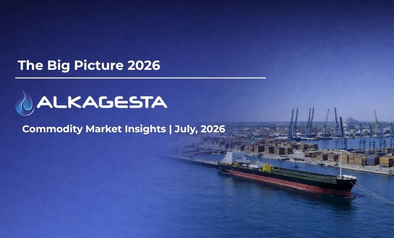 A cargo ship docked at a busy port with cranes and containers. Text reads: The Big Picture 2026, ALKAGESTA, Commodity Market Insights | July, 2026.