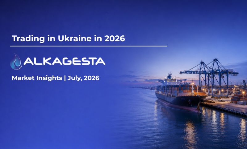 A large cargo ship docked at a port at sunset, with cranes in the background. Text reads: “Trading in Ukraine in 2026. ALKAGESTA. Market Insights | July 2026.”.