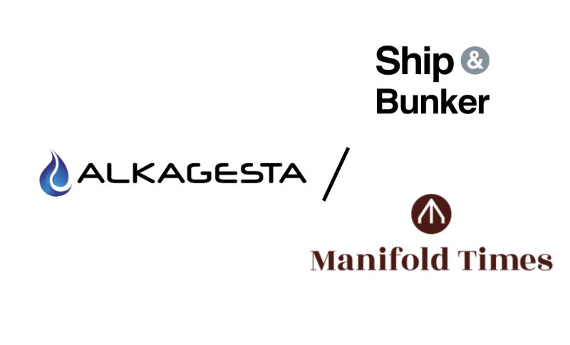 Logos for Alkagesta, Ship & Bunker, and Manifold Times are displayed on a white background, separated by a diagonal oblique.