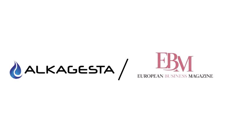 The image shows the logos of Alkagesta and European Business Magazine (EBM) separated by a diagonal slash on a white background.