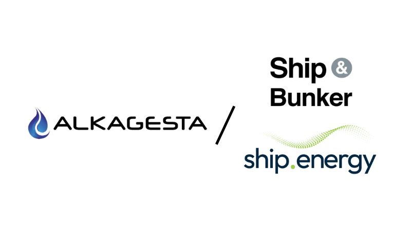 Logos for Alkagesta, Ship & Bunker, and ship.energy are displayed side by side on a white background.