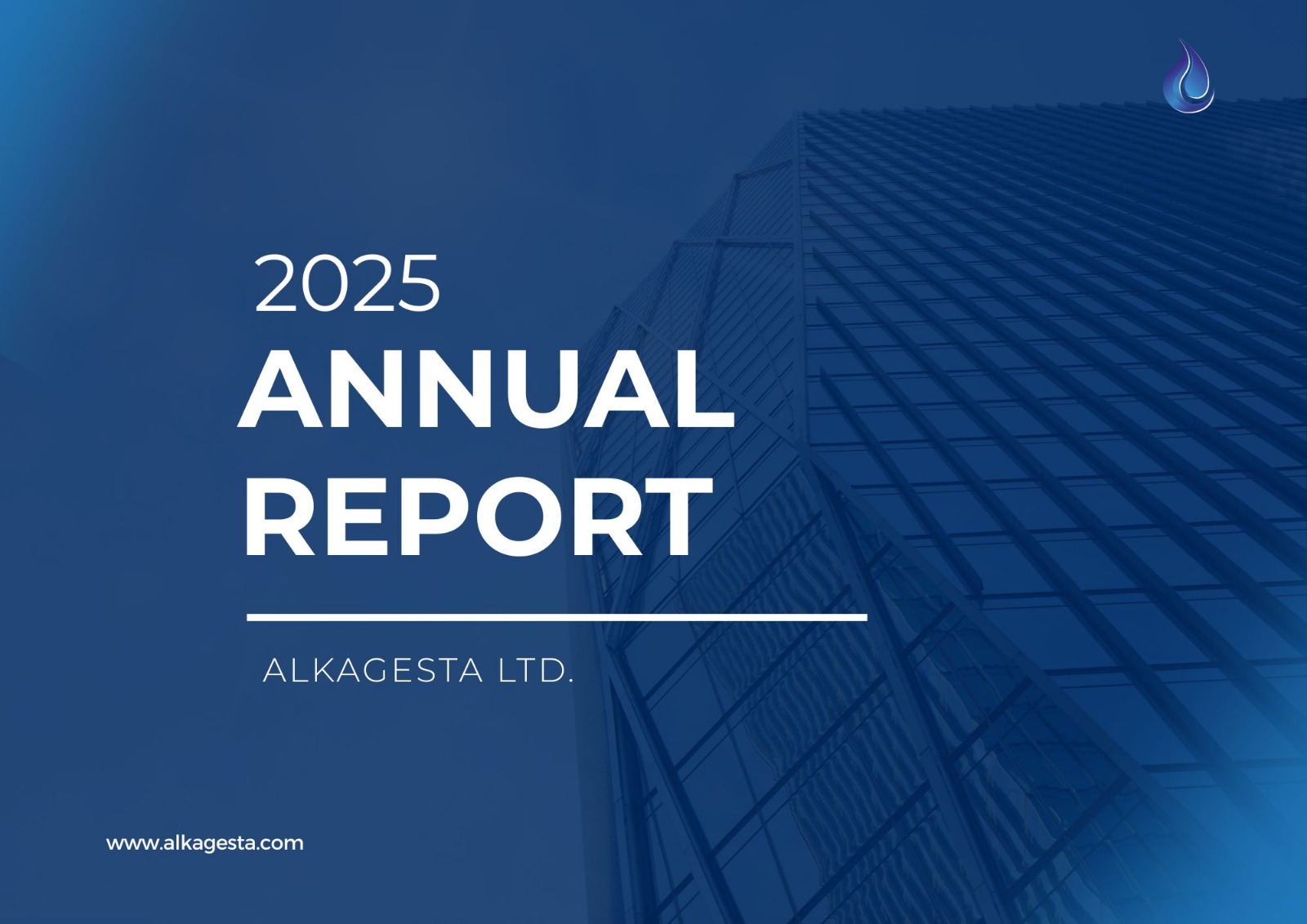 Cover of the 2025 Annual Report for Alkagesta Ltd., featuring a modern glass building against a blue background with the company’s website and a droplet-shaped logo in the top right corner.