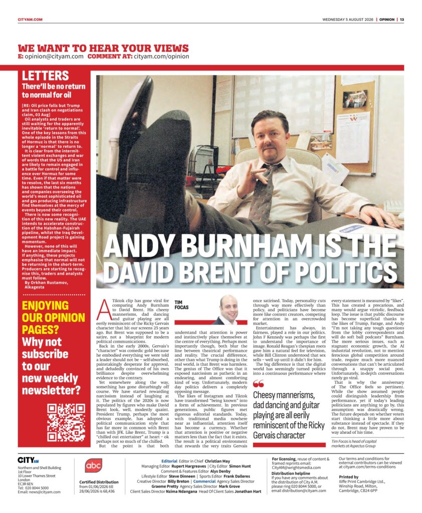 A man in an office reclines with feet on his desk, surrounded by papers and office items. Large headline reads: ANDY BURNHAM IS THE DAVID BRENT OF POLITICS. The page features articles, letters, and opinion columns.