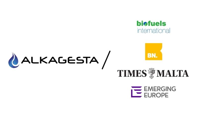 Alkagesta logo beside logos of Biofuels International, BN, Times of Malta, and Emerging Europe, all on a white background.