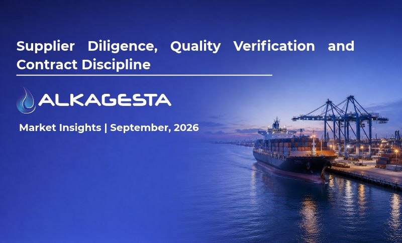 Container ship docked at a port during dusk with cranes and containers; text reads Supplier Diligence, Quality Verification and Contract Discipline—ALKAGESTA Market Insights | September, 2026.
