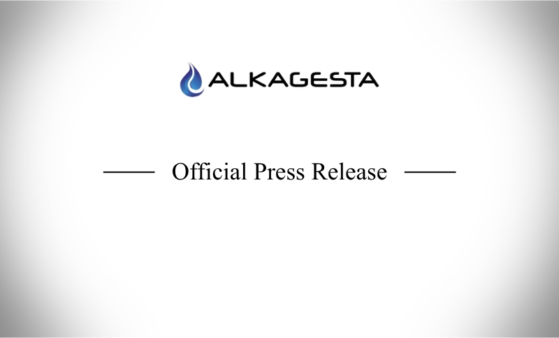 Alkagesta logo at the top, with the text Official Press Release centred below it on a white background, flanked by horizontal lines on each side.