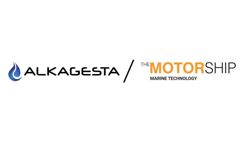 Alkagesta logo with a blue water droplet to the left, separated by a slash from The Motorship Marine Technology logo in black and orange text on a white background.