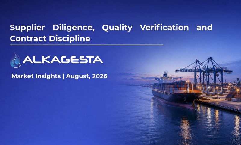 A cargo ship docked at a busy port during sunset. Text reads: Supplier Diligence, Quality Verification and Contract Discipline. ALKAGESTA. Market Insights | August, 2026.
