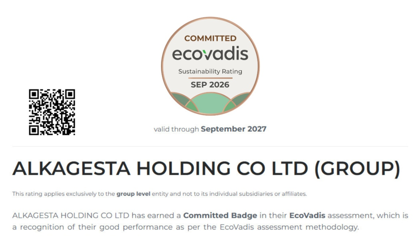 EcoVadis sustainability rating certificate for ALKAGESTA HOLDING CO LTD (GROUP), committed badge for September 2026, valid through September 2027, with QR code and explanatory text about group-level rating.