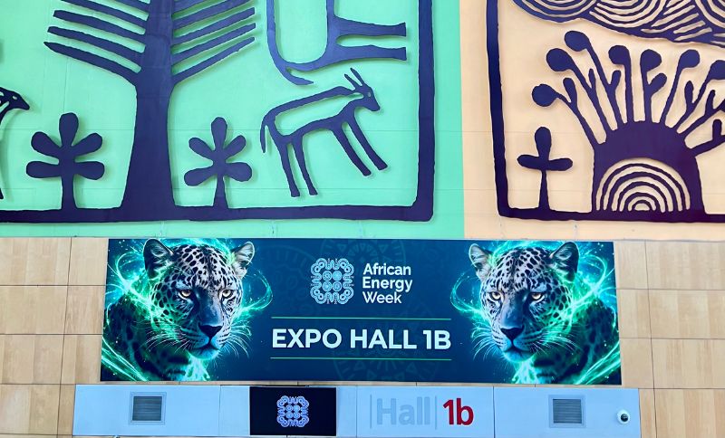 Signage for African Energy Week Expo Hall 1B featuring two leopards, positioned beneath a wall decorated with stylised prehistoric-style animal and plant artwork.
